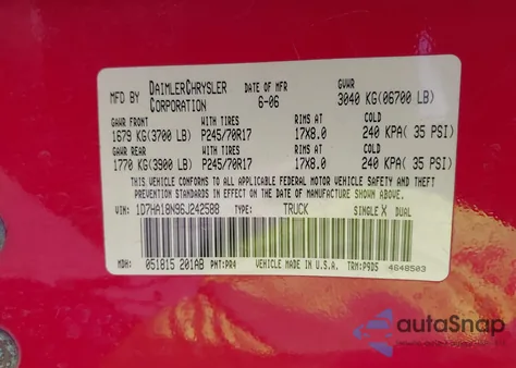 2006 Dodge Ram 1500 St из США, поврежденный, VIN 1D7HA18N96J242588